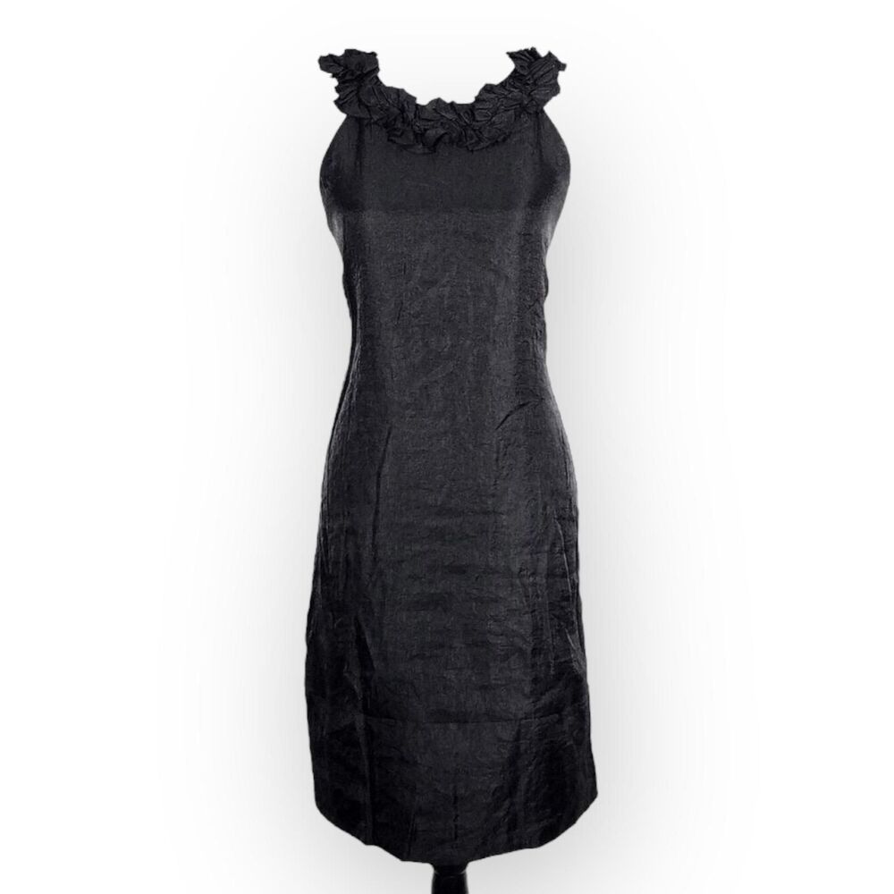 London‎ Times Shimmery Black Sheath Dress Ruffle Neck | Size 6